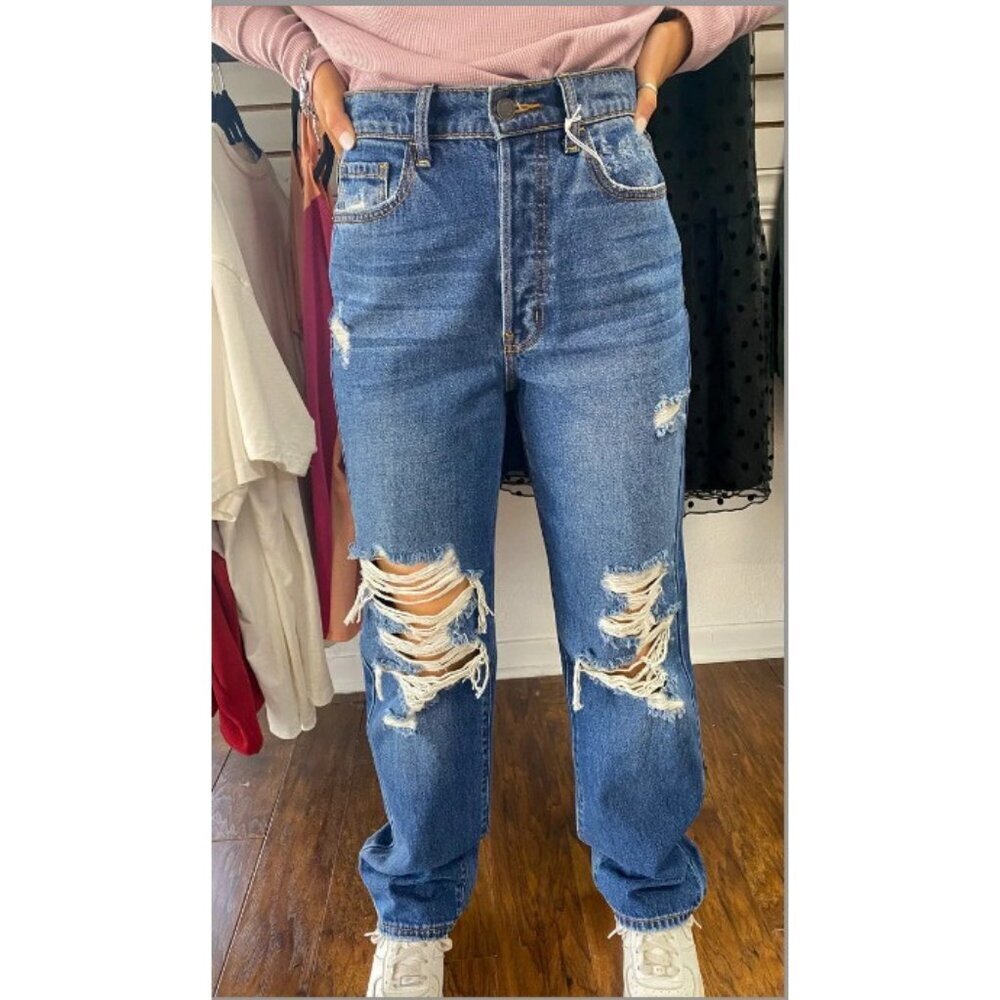 NWT Cello Dad Jeans Super High Rise Sz 3 Distressed destroyed ripped baggy blue